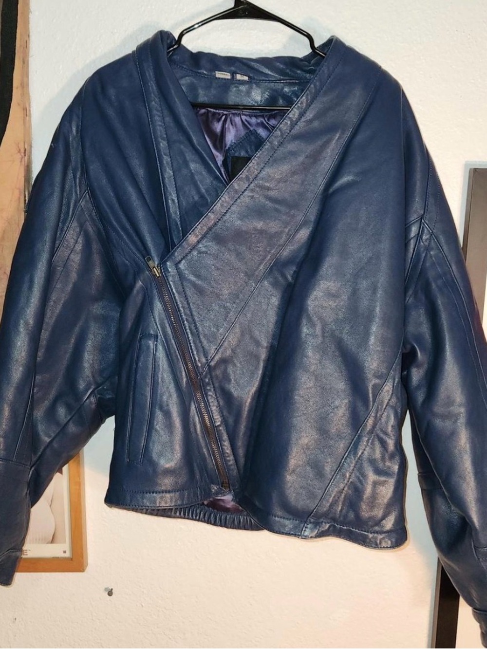 Korean Women's Navy Asymmetric Faux Leather Jacket